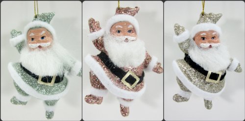 Dancing Santa 1950’s Vintage Style Set 3 NEW Glitter Glass Christmas Ornament