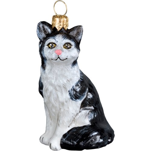 American Shorthair Black and White Cat Blown Glass Polish Christmas Ornament