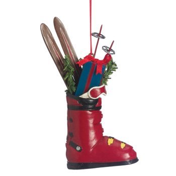 Red Ski Boot with Gifts, Poles, & Goggles Christmas Ornament