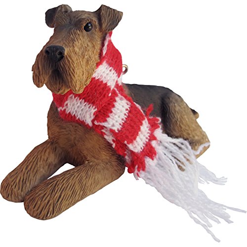 Sandicast Airedale Terrier with with Red and White Scarf Christmas Ornament