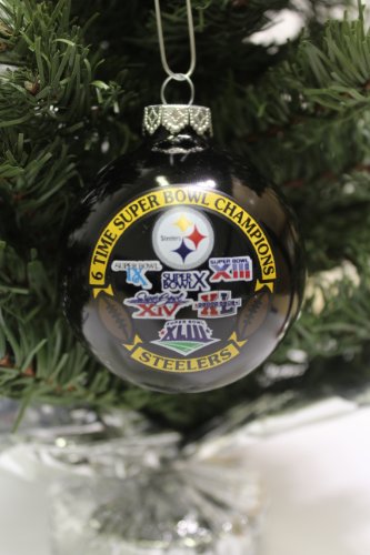Pittsburgh Steelers NFL “6 TIMES SUPER BOWL CHAMPIONS” Traditional 2 3/4″ Glass Christmas Ornament- Black
