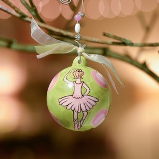 Glory Haus Ballerina Ball Ornament, Green w/ Pink Dots. Honor Your Little Ballerina with This Green and Pink Precious Porcelain Ball Christmas Ornament. Makes a Perfect Gift for Anytime of the Year!comes with a Decorative Ribbon.