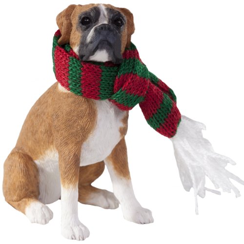 Sandicast Fawn Boxer with Red and Green Scarf Christmas Ornament