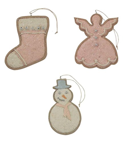 Bethany Lowe 3 Piece Sugar Cookie Ornament Set, Pale Pink, Angel, Christmas Stocking, & Snowman
