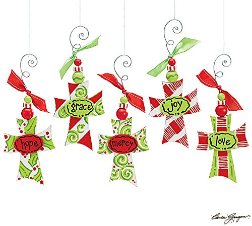 Red & Green Message Cross Christmas Tree Ornament Set of 5 – Christmas Xmas Holiday Hanging Decorative Accessory