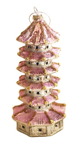 6-Tiered Pink Pagoda Tower Blown-Glass Ornament with Gold Glitter Embellishment