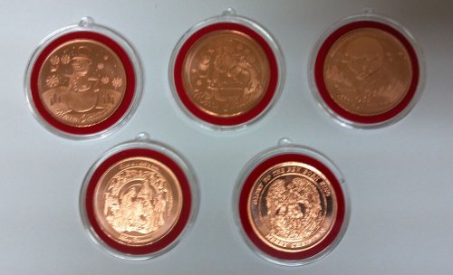 1 – All 5 Designs of Christmas Copper Rounds with Tree Ornament Holders Uncirculated