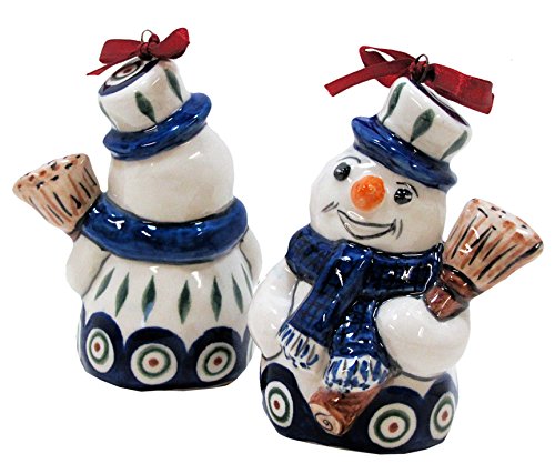 Polish Pottery 4 1/2″ Frosty Snowman Ornament Traditional Peacock Pattern Ceramika Artystyzna