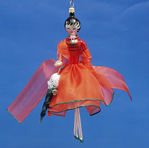 De Carlini Haute Couture Lady in Red with Umbrella Italian Mouth Blown Glass Christmas Ornament