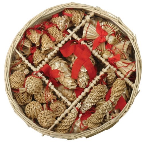 Christmas Straw Ornaments – Set of 46 pieces & Wicker Basket