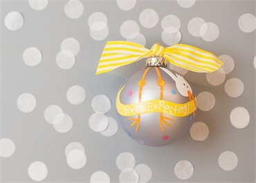 Coton Colors Painted Christmas Ornaments. The 100mm Round Glass Were Expecting Stork Ornament Is Designed with the Popular Carrier Delivering a Banner That Features Artistic Writing