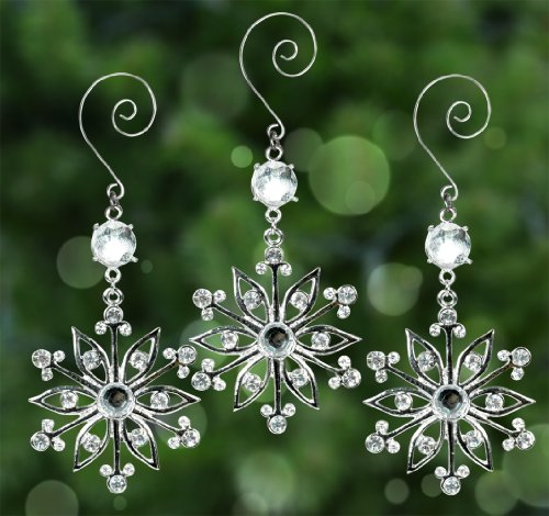 Snowflake Ornaments — Set of 3 Sparkling Crystal and Filigree Snowflake Ornaments — Comes in a Beautiful Silver Gift Box — Bring Some Sparkle to Your Christmas Tree, Holiday Decorations, Presents and Gifts