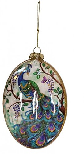 5″ Regal Peacock Purple, Blue and Green Bird on Tree Branch Glass Disc Christmas Ornament