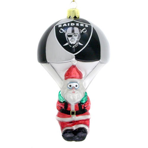 Oakland Raiders Blown Glass Parachuting Santa Ornament