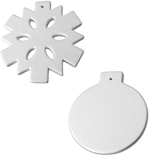 Set of 2 Holiday Ornaments – Snowflake and Ball – Non-Fire Paint Your Own Ceramic Keepsake! – SPECIAL PRICE!!