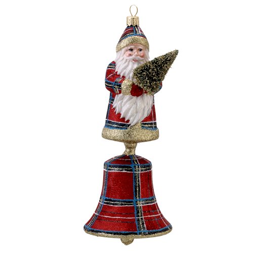 David Strand Kurt Adler Glass Plaid Santa Bell Stewart Ornament, 8.1-Inch