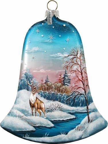 G. Debrekht Winter Deer Bell Ornament, Hand-Painted Glass, 4-Inch, Includes Satin Ribbon for Hanging