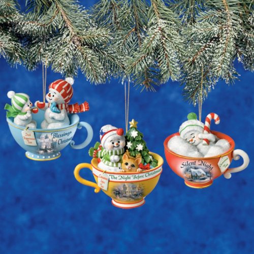Thomas Kinkade Sweet Tea Baby Snowmen Tea Cup Ornaments Set of 3 – Issue #1