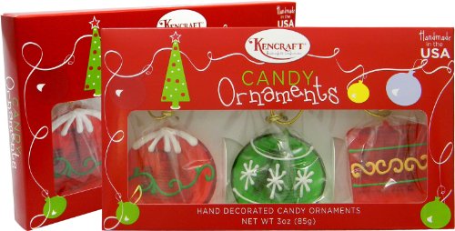 Boxed Christmas Hard Candy Ornaments, 3 Cute Christmas Hard Candy Ornaments, Two Great Flavors: Green Apple, and Cherry, Great for Stocking Stuffers, Christmas Parties, or Gift Giving. Fun, Fully Edible, Made in the USA