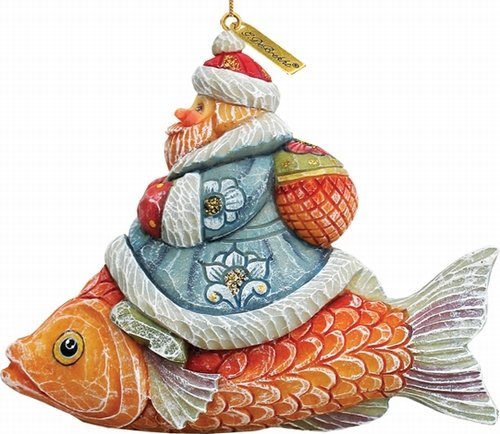 G. Debrekht Sant a Figurine on Fish Ornament, 3-Inch Tall, Hand-Painted, Includes Hanger that Fits in Hole on Top