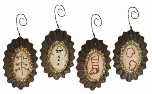 Primitives by Kathy Tin Cup Stitched Christmas Ornaments Set/4