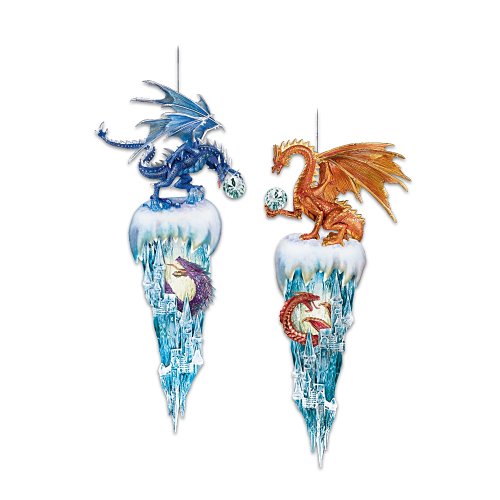 Decorative Fantasy Dragon Christmas Ornaments: Kingdom Of The Ice Collection Set One by The Bradford Editions