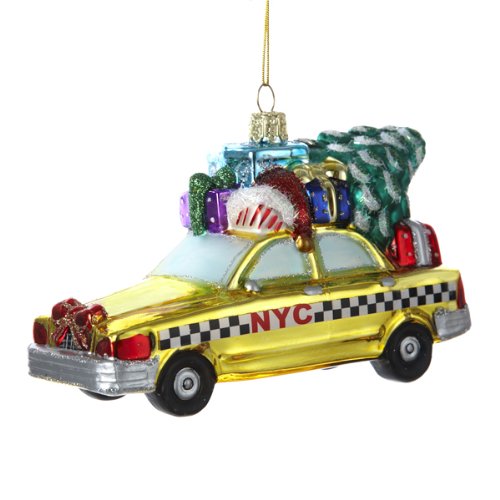 Kurt Adler NYC Checker Taxi with Tree Glass Ornament, 5.35-Inch