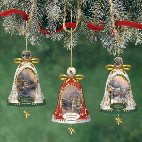 Thomas Kinkade Ring In The Season Porcelain Bell Ornaments with Holiday Images Set of 3