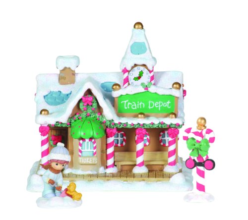 Precious Moments Candy Cane Lane Set/3 Train Depot With Sign And 1 Figurine