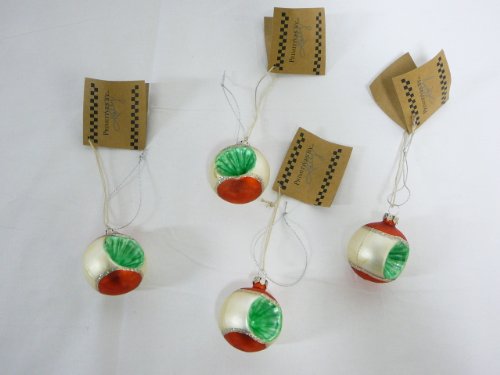 Set of (4) Vintage-Look Red/White/Green Glass Ornaments