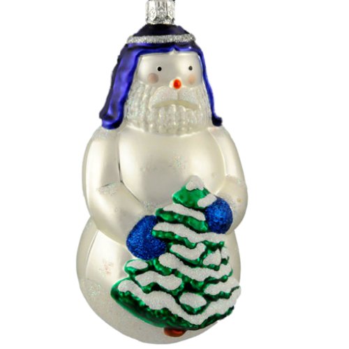 Patricia Breen Snow Joseph Ornament , 2000, 2019, Light Blue Snowman Holds Tree, Holy Family Snowman Series