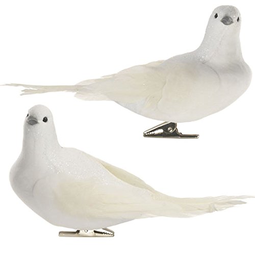 Set of 2 Feathered White Dove Clip on Christmas Tree Ornaments