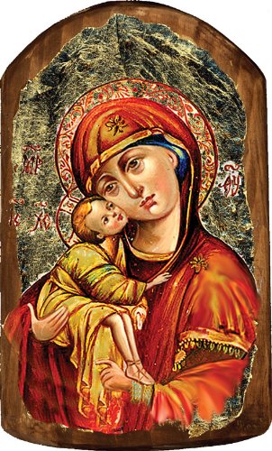 Holy Virgin Mary Ornament/Wall plaque 4.75″; Inspirational Message Icons; Handcrafted in Wood; Icon style of Art on Goldleaf wooden plaques; Fabled icons with gold leaf accent; handcrafted in wood replicas of authentic Old Wolrld iconic atrywork to hang as an ornament or wall plaque