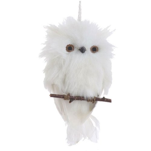 Flat White Feather Owl on Branch Christmas Ornament, 6 Inches Long