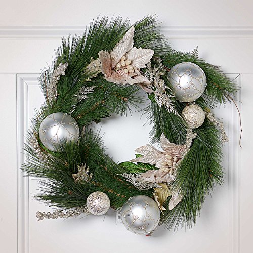 Raz 18″ Unlit Poinsettia And Ornament Christmas Wreath