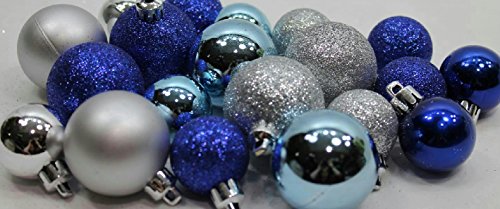 20 Holiday Time Mini Shatterproof Satin Shiny and Glitter Finish Bulb Christmas Ornaments (Blue & Silver)