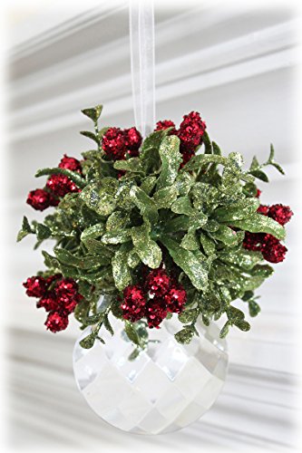 Glittery Hanging Christmas Mistletoe on Faceted Acrylic Prism Ornament – Flat Leaf