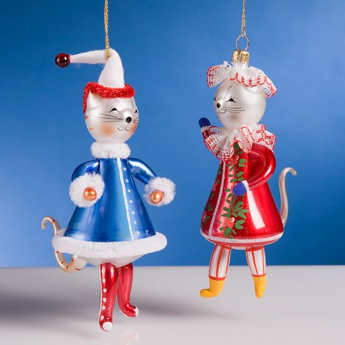 De Carlini Set of Two Cats Italian Mouthblown Glass Christmas Ornaments