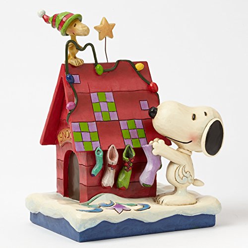 Jim Shore Peanuts Snoopy and Woodstock Decorating Dog House Christmas Figurine