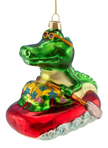 Christmas Ornament – Blown Glass Alligator in a Raft – 4″ X 4.25″
