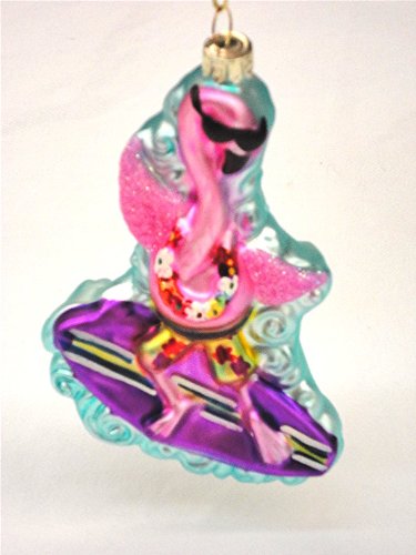 Christmas Ornament – Blown Glass Flamingo on a Surfboard Riding the Waves 5″ Tall