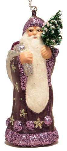 Ino Schaller Santa in Purple Coat with Silver Bag Paper Mache Christmas Ornament