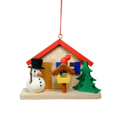 10-0851 – Christian Ulbricht Ornament – Cottage with Snowman – 2.25″”H x 2.75″”W x 1.25″”D