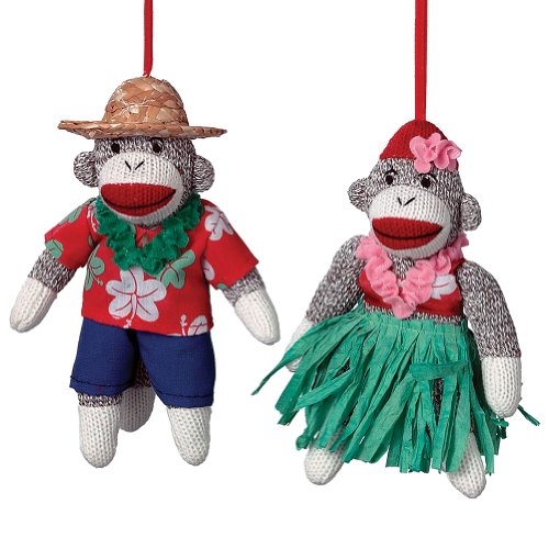 (Set/2) Hula Sock Monkey Ornaments – Hawaiian Knit Stuffed Animals