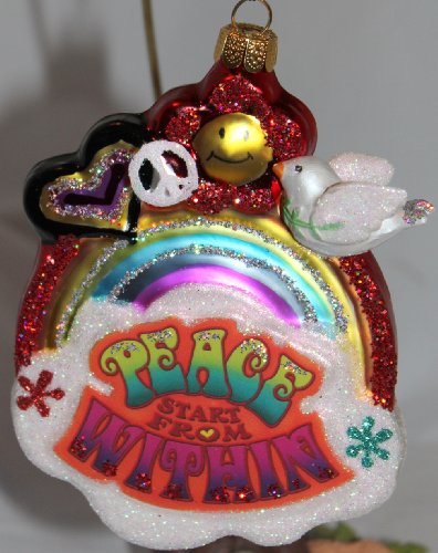 December Diamonds Baby Boomers Blown Glass 60’s Baby Boomer Ornament of Peace Sign, Flower Power,Rainbow, Dove with Message “Peace Comes From Within”.Ornament is approximately 4 1/2 inches long & 3 1/2 inches wide.Depth of Approximately 1 inch.Unique Fun Nostalgic Discontinued Ornament.