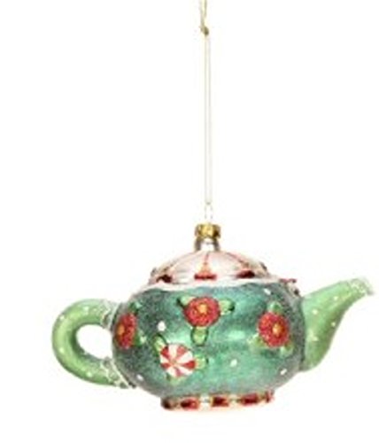 5″ Mary Engelbreit Sparkling Peppermint and Poinsettia Tea Pot Glass Christmas Ornament