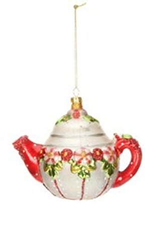 4.5″ Mary Engelbreit Sparkling Peppermint Holly Tea Pot Glass Christmas Ornament