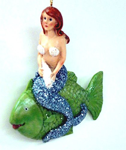 Mermaid Holding a Shell Sitting on a Fish Christmas Ornament
