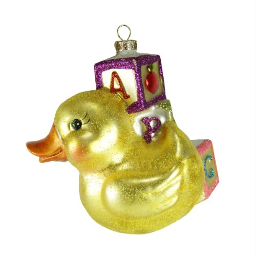 4.5″ Sparkle Bright by Radko Yellow Baby Duck & Blocks Glass Christmas Ornament