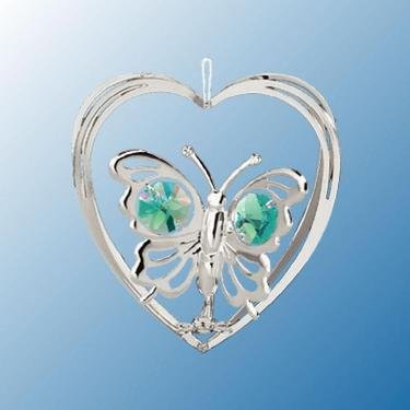 Chrome Butterfly in Heart Ornament – Green Swarovski Crystal